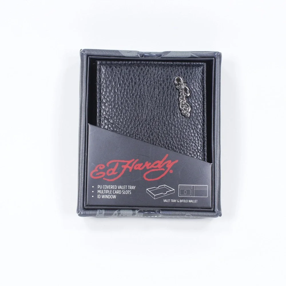 Ed Hardy Men's Black Bifold Wallet and Valet Tray Gift Set Love Kills Slowly NIB